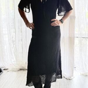 Black Zara midi dress with flowy short sleeves and tie neckline.